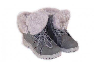 Pilki suvarstomi su užtrauktuku šone ir kailiuku žieminiai batai mergaitėms su kailiu 4055 2
