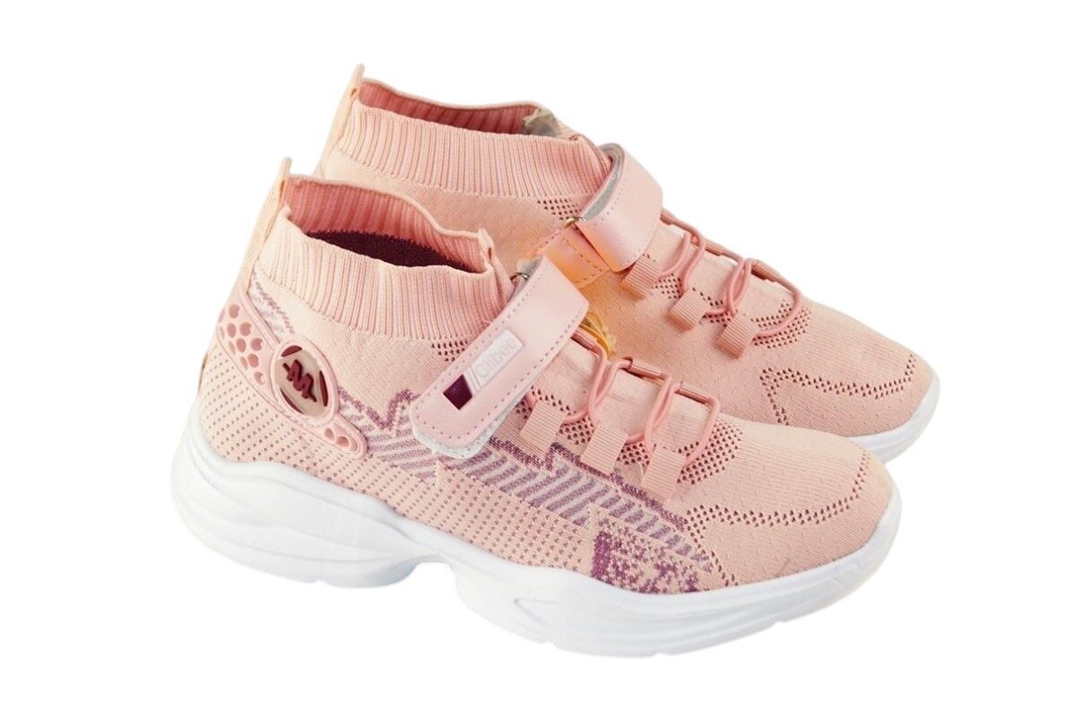 Šviesiai ružavi medžiaginiai  įmaunami užsegami lipduku suvarstyti gumyte Clibee sportiniai batai mergaitėms 4480r 2