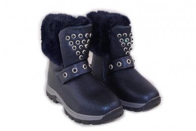 Tamsiai mėlyni blizgantys papuošti akutėmis su kailiuku žieminiai batai mergaitėms su vilnos kailiu 5129 3