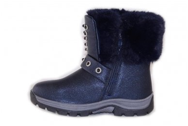 Tamsiai mėlyni blizgantys papuošti akutėmis su kailiuku žieminiai batai mergaitėms su vilnos kailiu 5129 2